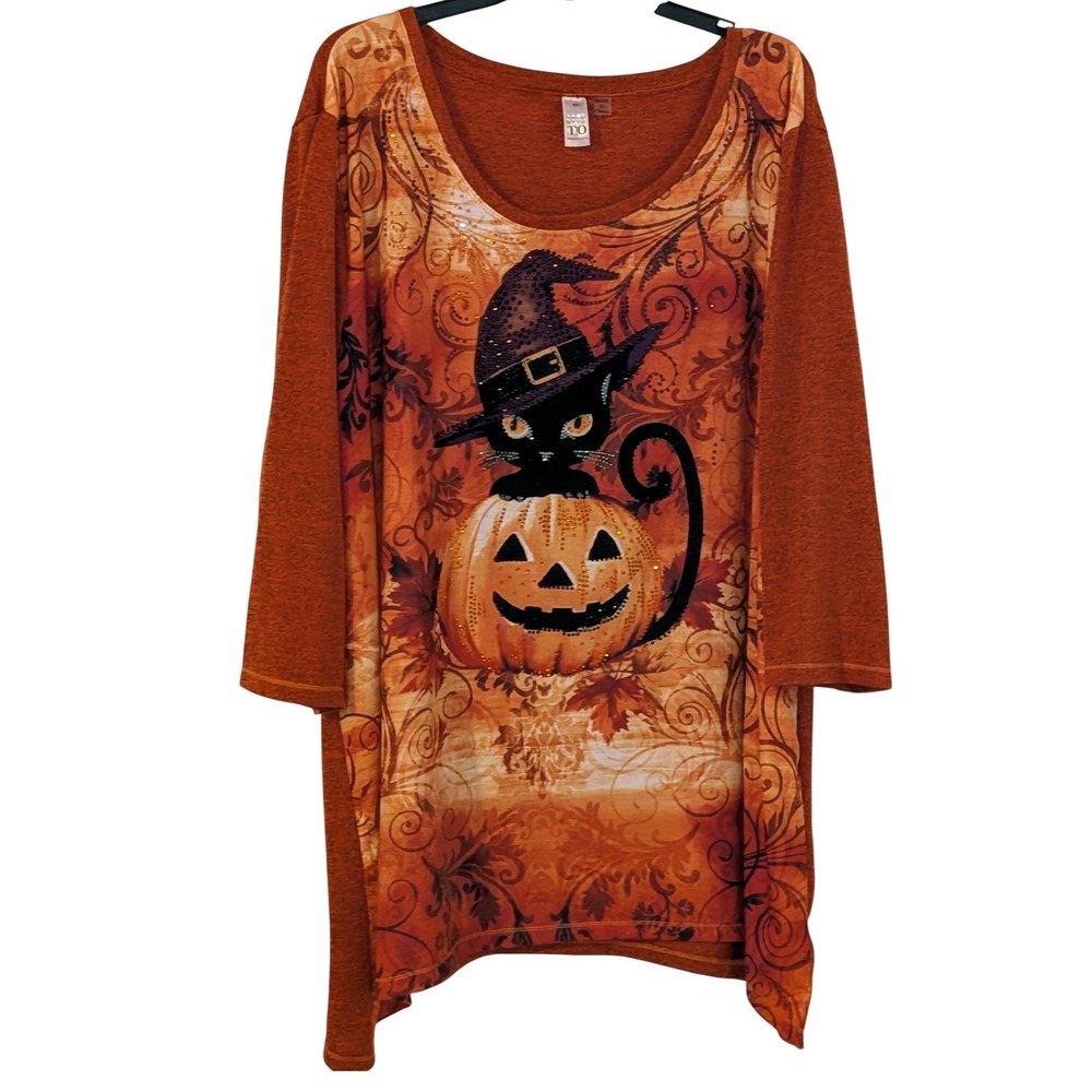Thomas & Olivia Halloween Black Cat Pumpkin Rhinestone Top Orange Plus 3X